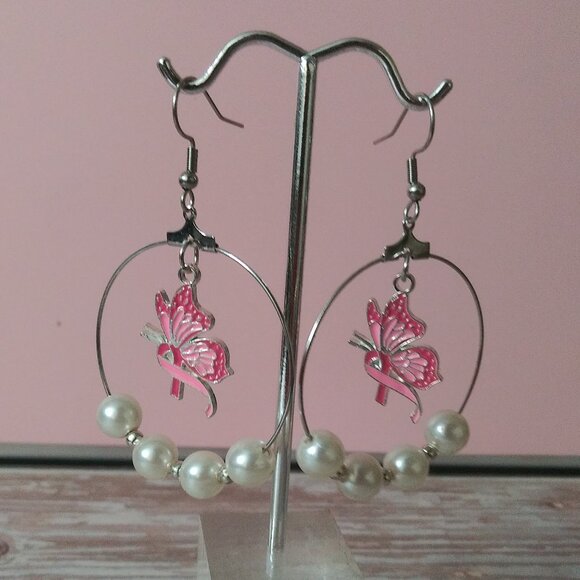 Hypoallergenic Silver Hoop Earrings with Breast Cancer Ribbon/Butterfly - Picture 1 of 5